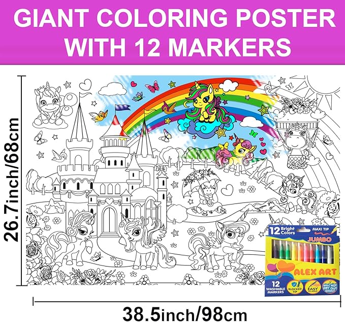 Unicorn Coloring Poster with Markers - Giant Coloring Posters for Kids Birthday Party - Large Coloring Sheets Jumbo Size - Arts and Crafts for Girls Activity - Huge Big Pages to Color on Floor Table