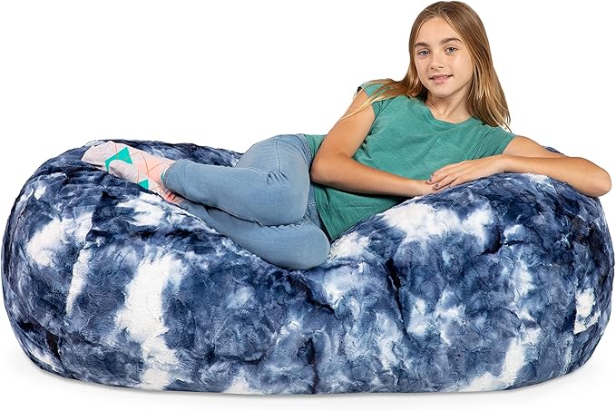 Jaxx Sofa Saxx Bean Bag Couch - 4 Foot - Faux Fur, Blue & White Print