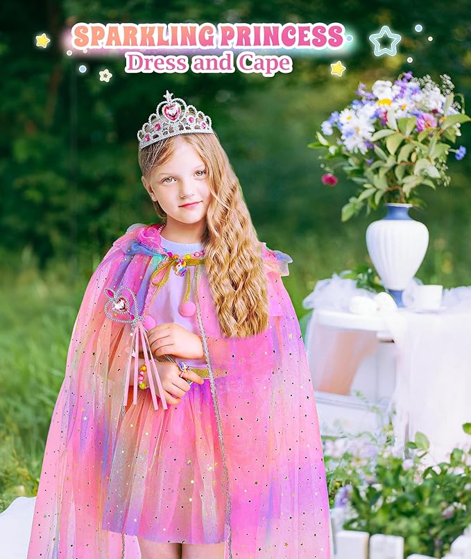 Princess Dress Up for Girls, Light up Princess Cape Princess Dress Costume Crown Wand Gifts for Toddler Girls 3 4 5 6