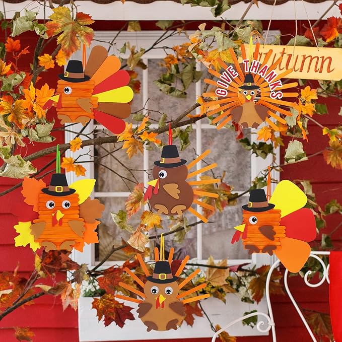 Winlyn 24 Sets Thanksgiving Craft Kits Fall Crafts DIY Give Thanks Thanksful Turkey Ornaments Decorations Art Sets Wood Craft Sticks Turkey Foam Stickers Googly Eyes for Kids Classroom Activities