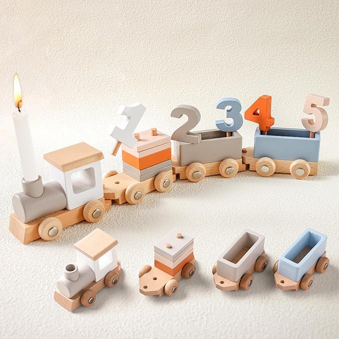 Wooden Train Set for Toddler Toys 14pcs Montessori Train Toy Set for Baby 3-5 Years Wooden Train Cars with 1 2 3 4 5 Numbers & Blocks Birthday Gift for Boys Girls
