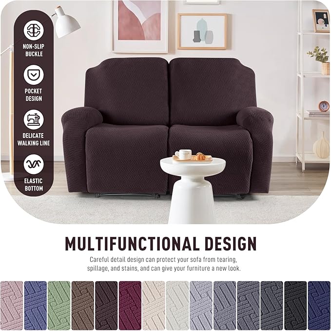 KinCam Recliner Covers, Stretch Reclining Chair Covers, Recliner Sofa Slipcovers Stripe Jacquard Recliner Couch Covers Furniture Protector Covers for Pet Kid (2XL Seater, Chocolate)