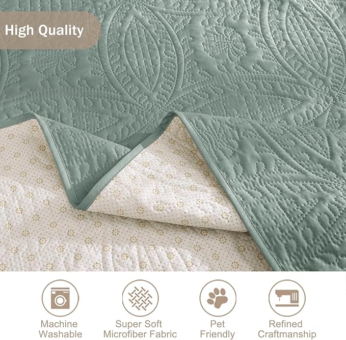Sage Green Quilted Sofa Cover, Anti-Slip Medallion Designed Couch Covers for 3 Cushion Couch, Sofa Slipcovers for Dogs Cats Water-Repellent, Machine Washable (Large Sofa 68", Sage Green)