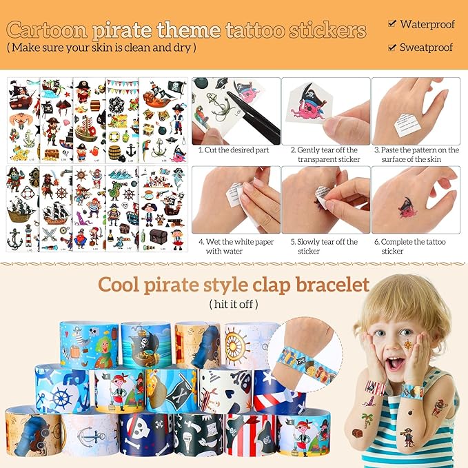 Spakon 327 Pcs Pirate Party Favors Supplies Halloween Party Include Pirate Pendants Bracelets Cup Straw Keychains Rings Eye Masks Mustache Tattoo Stickers Gold Coins Cards for Birthday Party