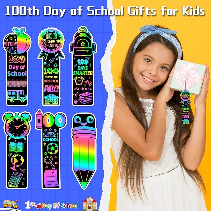 JUNEBRUSHS 30Pcs100 Days of School Scratch Bookmarks, Rainbow Magic Scratch Paper Art for Kids 100 Days of School Craft for 100th Day of School Gifts Activities Project Party Favors
