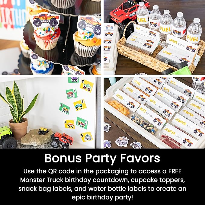 Monster Truck Party Favors - 10 Jars Quartz Sand - Monster Truck Sand - Sensory Sand for Kids-Includes Customizable Printable Monster Truck Cupcake Topper & Snack Labels-Creative Molding Sand