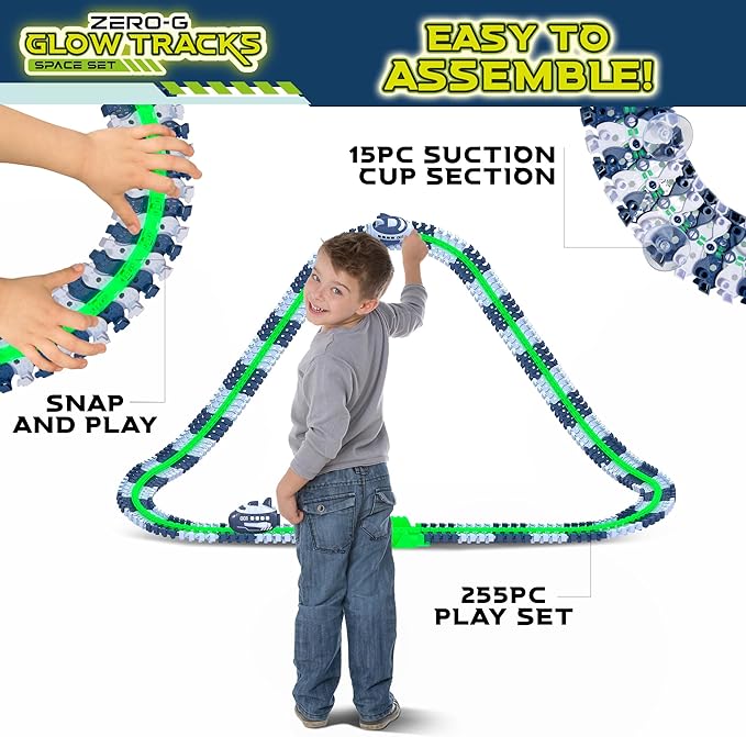 USA Toyz Zero G Space Glow Race Track for Kids- 258pc Glow in The Dark Flexible Race Track Set with Suction Cups, 2 Rocketship Cars, Take Apart STEM Building Toy Car Tracks for Boys and Girls Age 3+