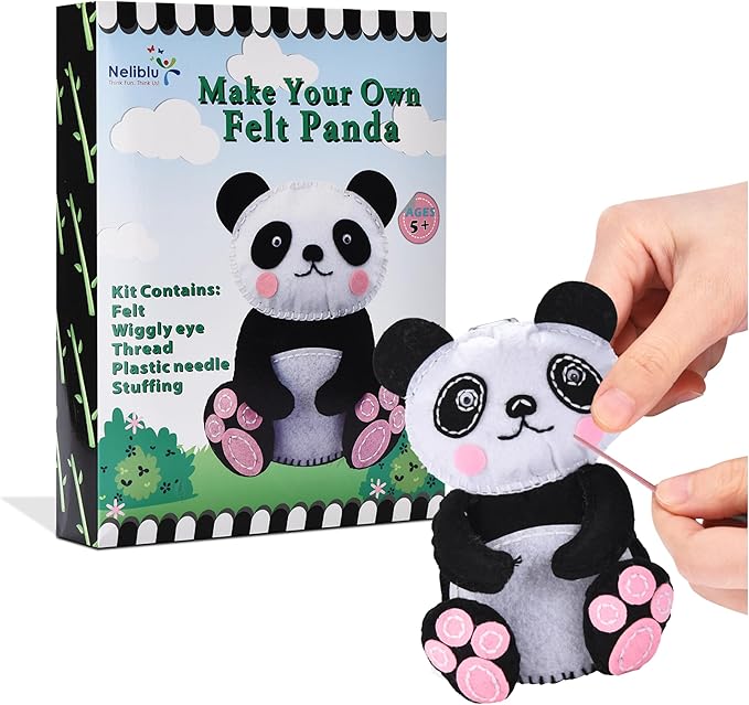 Neliblu Beginner Sewing Kit for Kids - Panda Pillow Kits - Learn to Sew for Girls - My First Sewing Kit - Kids' Arts and Crafts Project - Stuffed Animal Decoration - Creative Activities for Kids