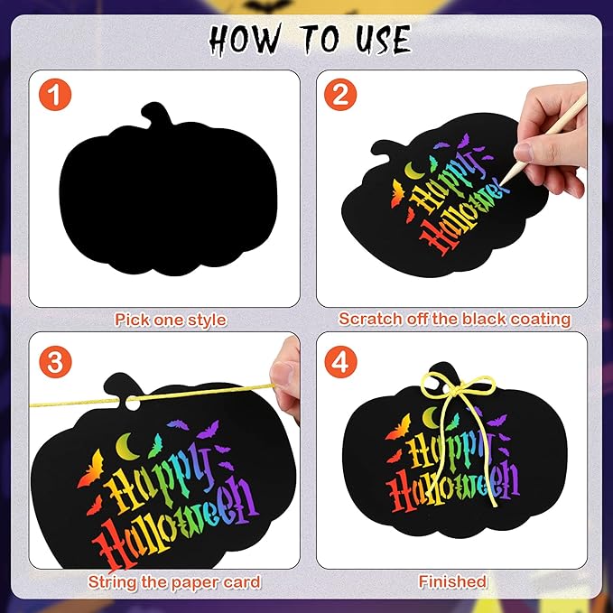 JULMELON 36 Pieces Halloween Scratch Paper Crafts Kit Bulk of Halloween Pumpkins Magic Rainbow Scratch Art for Kids DIY Party Ornaments Halloween Decor with 12 Wooden Sticks and 36 Colorful Ribbons