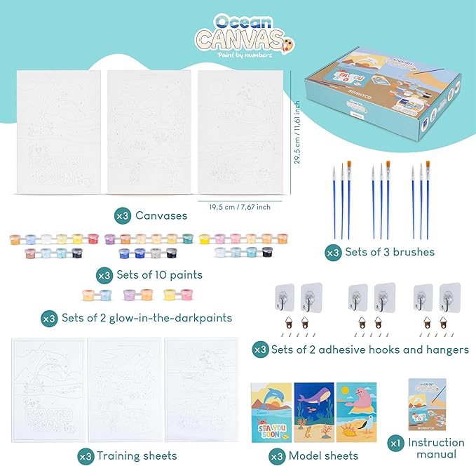BONNYCO Paint by Numbers Kit for Kids Sea Animals Pack 3 Canvas Paint by Number Canvas, Ocean Gifts for Kids, Arts and Crafts, Kids Paint by Number, Kits Pre Drawn Canvas for Painting for Kids