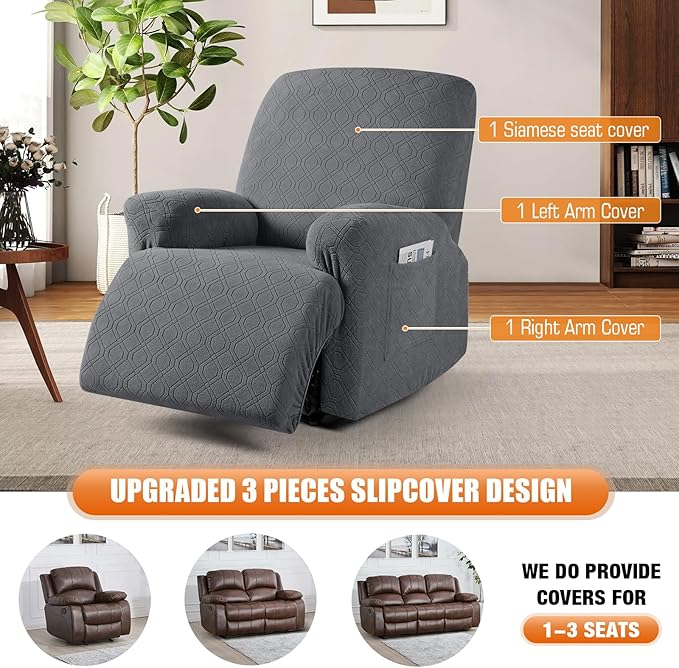 VANSOFY Recliner Chair Cover, 3-Pieces Stretch Recliner Covers for Recliner Chair Soft Reclining Chair Slipcover Furniture Protector for Dogs Cats(Dark Gray)