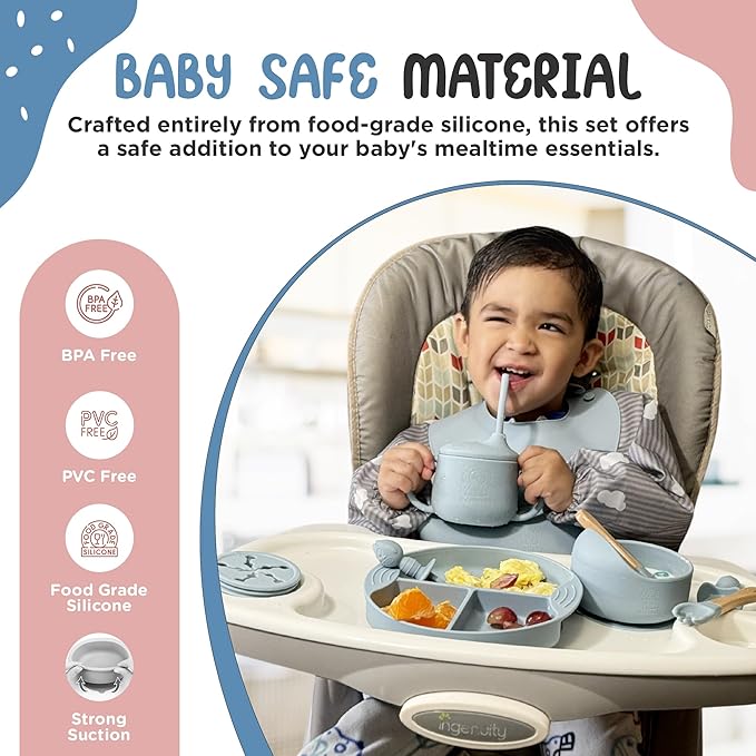 Silicone Baby Feeding Set, Eating Utensils with Suction Plate and Bowl, Baby Led Weaning Supplies, Toddler Self Feeding Dish Set with Waterproof Full Sleeve Bib, Spoon, 10pcs (Blue)