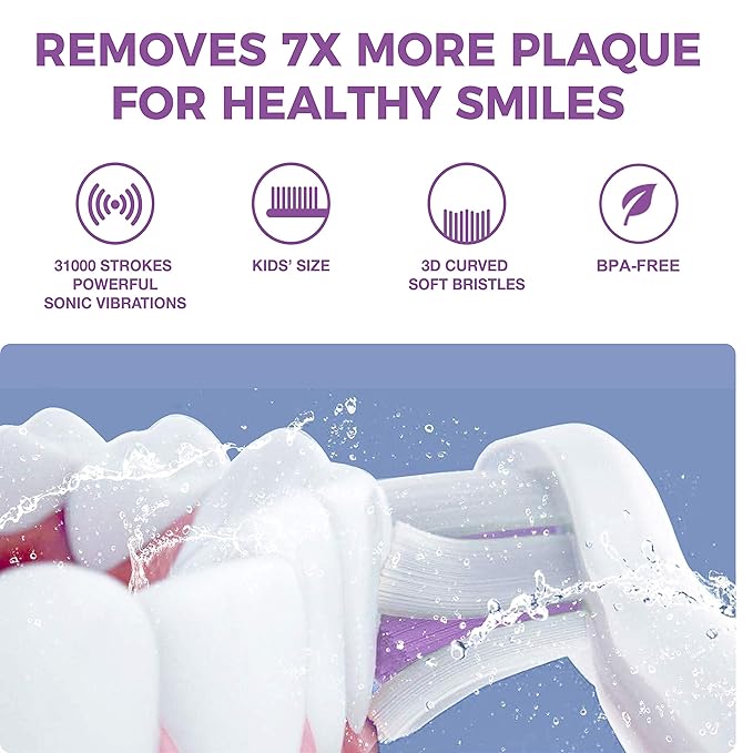 Vekkia Sonic Rechargeable Kids Electric Toothbrush, 3 Modes with Memory, Fun & Easy Cleaning, 24000 Strokes, IPX7 Waterproof, 2-Min Timer for Age 5+, 4 Soft Bristles(Purple)