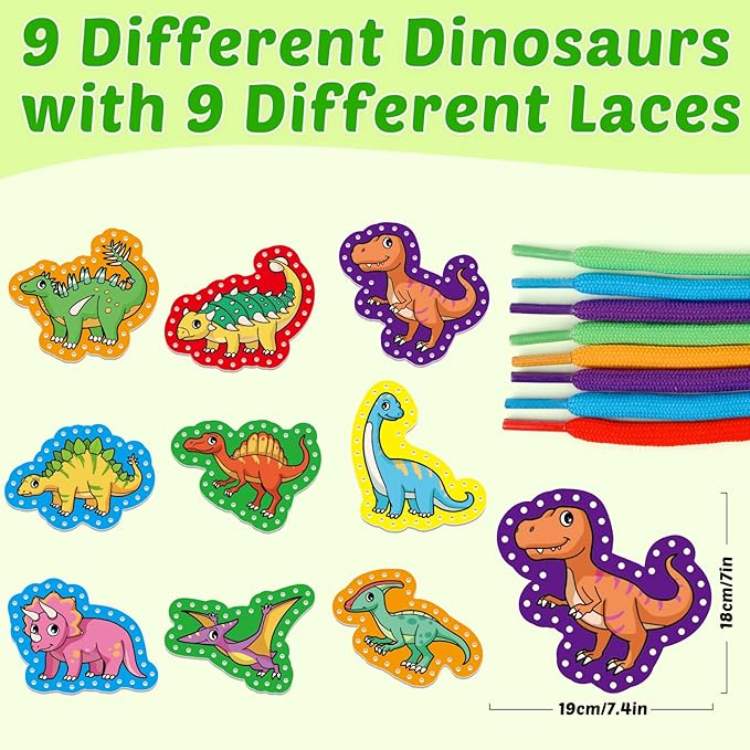Aizweb Dinosaur Lacing Cards,Sewing Kit for Toddlers, Fine Motor Skill Toys,Threading Toys for Preschoolers,Shoe Tying Practice Art and Craft for Kids Educational Kindergarten Learning Activities