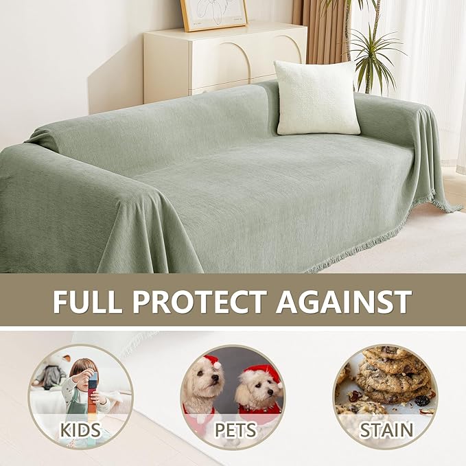 MYSKY HOME Easy Fitted Couch Cover for Dogs Stain Resistant Couch Cover Sage Sofa Covers for 2 Cushion Couch Multi-Use Sectional Couch Cover for Loveseat Universal Tassel Sofa Throw 91"X 118"