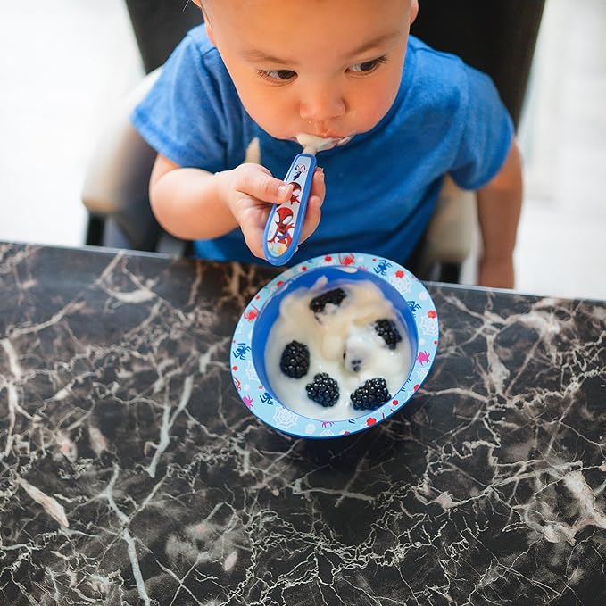 The First Years Spidey and His Amazing Friends Toddler Dinnerware Set - Toddler Plates and Toddler Utensils - Dishwasher Safe Toddler Feeding Supplies and Kids Utensils - 4 Count