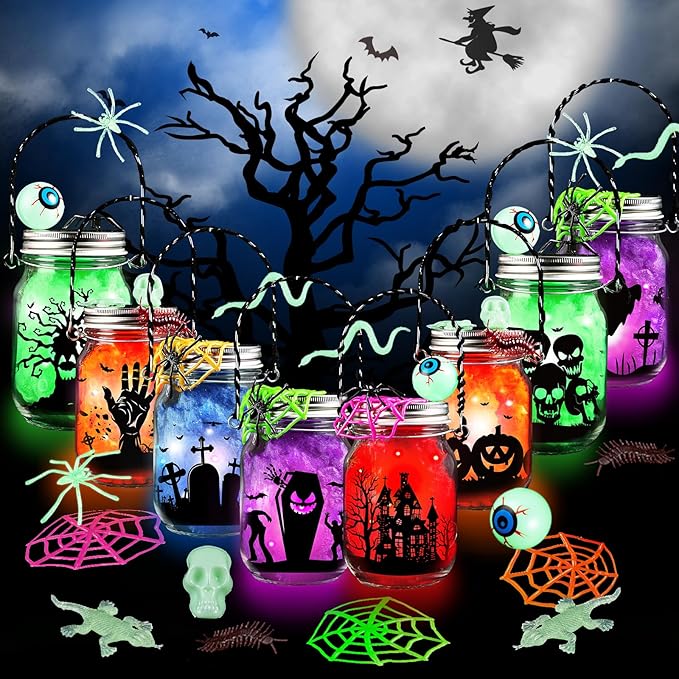 Shemira Halloween Craft Kit for Kids, 8 pcs Glass Mason Jar with Accessories for DIY Lantern Jar, Halloween Art & Craft Party Supplies, Halloween Art Activities,Halloween Craft and Art Party Supplies