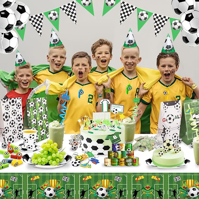 158 PCS Soccer Party Favors Set with Soccer Goodie Bags Soccer Slap Bracelets Soccer Straws Puzzle Tattoo Stickers Erasers Keychains Whistle Soccer Party Supplies Soccer Party Decorations