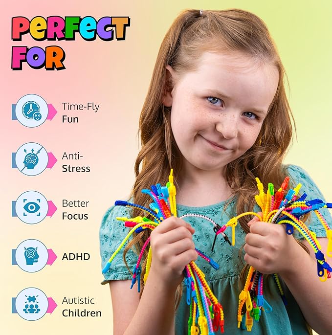 UpBrands 120 Students Incentives Friendship Zipper Bracelets 7.5”, Easter Favors for Kids, Stress Relief Quiet Fidget Toys, Kit for Kids Valentine Gifts, Goodie Bags, Easter Egg Fillers, School Prizes