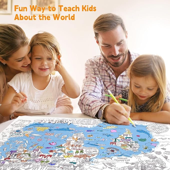 Jar Melo Giant Coloring Poster for Kids; World Map Jumbo Wall Coloring Poster, 45.3 x 31.5 Inches, Large Tablecloth Birthday Gifts for Class School Home Decorations