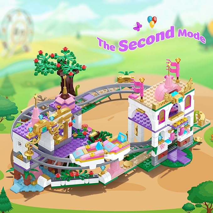 Castle Roller Coaster Building Set – 738Pcs STEM Amusement Park Construction Kit for Kids, Creative Pink Playground Blocks Birthday for Girls Boys Ages 6-12