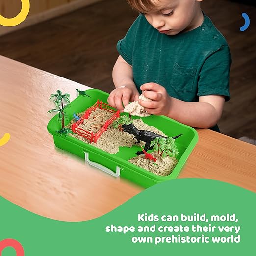 Dinosaur Play Sand Kit - Sensory Bin Sandbox, 2 Bags of Safe Sand and 34 Pieces - Feels Like Wet Sand Without The Mess - Comes with Bin, Lid, Dinosaur Figures, Dino Molds, Trees, Fences