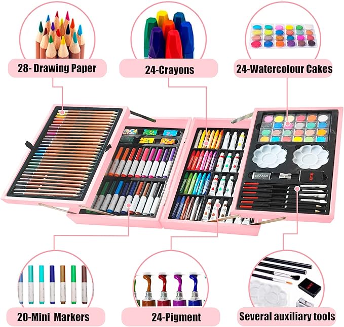 KINSPORY Art Supplies, 139 Pack Painting Drawing Art Kit with 2 Sketch Pads, Deluxe Double Layers Art Set Crafts, Colored Pencils, Oil Pastels, Watercolor Paints, Gift for Artists Kids (Rose Pink)