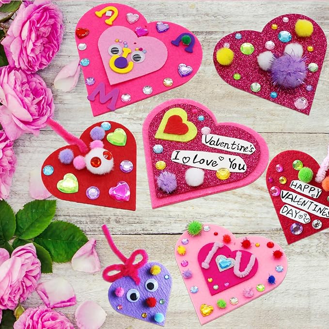RMJOY Valentines Day Craft Gift Set: DIY Colorful Foam Heart Art Craft Ornament Toy Kit with Pom-poms Googly Eyes Gem Sticker for Kid Classroom Home Activity Party Favor Wedding Birthday Decoration