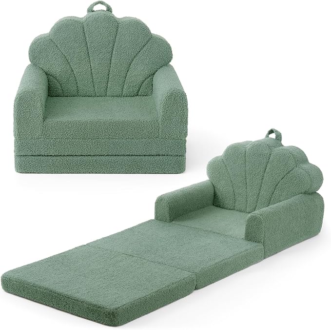 Blissful Diary Kids Couch, 2-in-1 Soft Toddler Couch Fold Out, Toddler Chair Comfy, Convertible Sofa to Lounger with Cute Shell Designs, Green