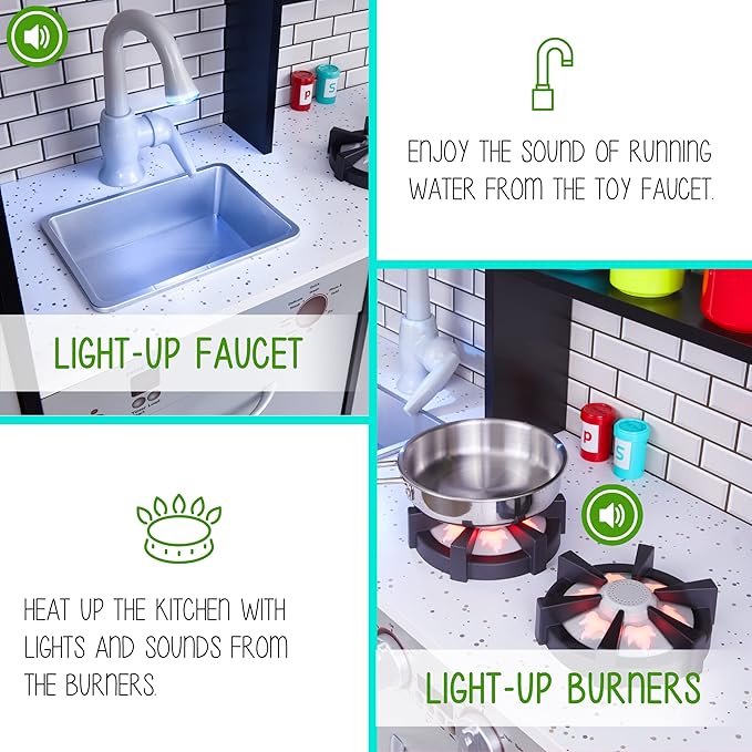 Lil' Jumbl Kids Kitchen Set, Pretend Wooden Play Kitchen, Battery Operated Icemaker, Burners, Faucet & Microwave Makes Realistic Sound & Light, Pots & Pan Included - Charcoal