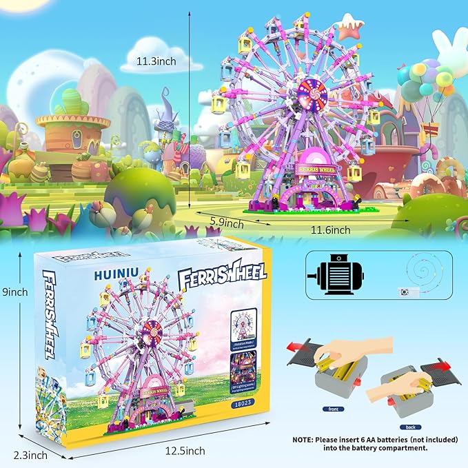 Ferris Wheel Building Block Set with Fairy Light, Two-Way Rotating Ferris Wheel Building Set 813 Pieces, Amusement Park Interlocking Blocks Toys for Ages 8-13, Gift Idea for Boys and Girls