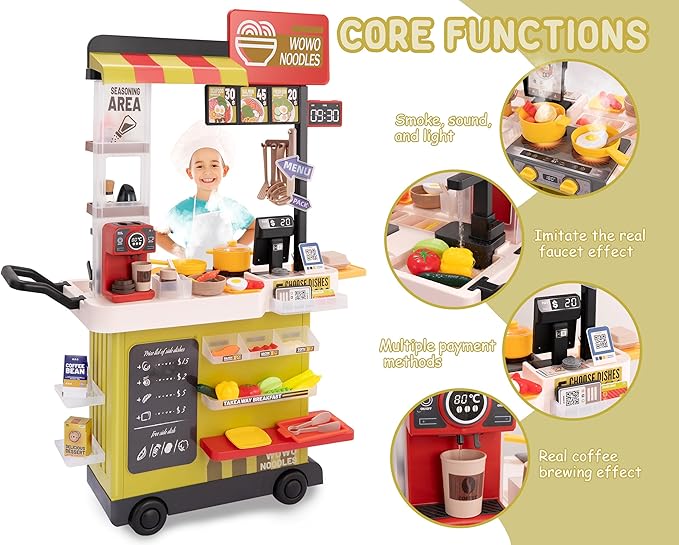 Kids Kitchen Play Set，Interactive Kids Kitchen Play Set with 88Pcs of Kitchen Toys，Realistic Sound Effects，and Simulated Functionality - Suitable for Toddlers (Yellow Kitchen Play Set)
