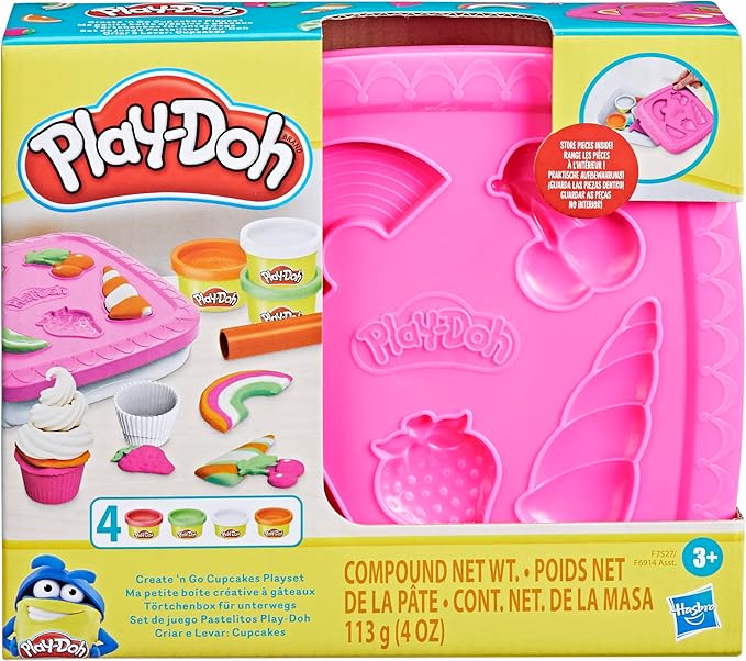 Play-Doh Create ‘n Go Cupcakes Playset, 4 Colors & Storage Container, Play Food Sets, Easter Basket Stuffers, Preschool Toys, Kids Arts & Crafts, Ages 3+