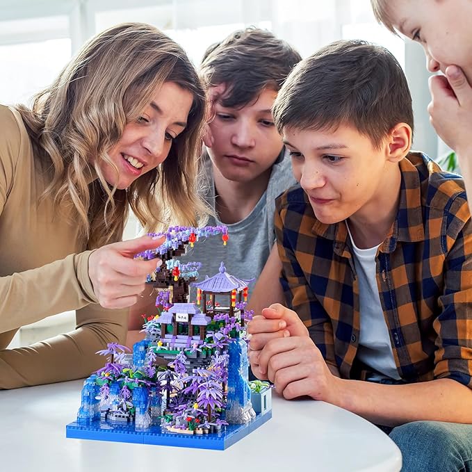 Peach Blossom Pond Japanese Architecture Building Blocks Set for Adults and Kids with Acrylic Display Cover, Micro Mini Bricks Cherry Blossom Tree House Building Kit 2500+PCS