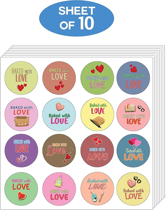 Creanoso Baked with Love Stickers (10-Sheet) - Stocking Stuffers Gift Ideas for Family, Relatives and Friends - 16 Assorted and Colorful Designs - Awesome Idea for Party Favors and Giveaways