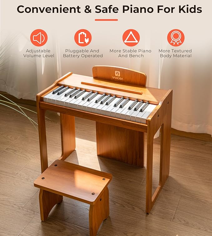 Vangoa Kids Piano Keyboard, 37 Keys Wood Digital Piano for Kids, Music Educational Instrument Toy, for Girls and Boys, Solid Wood Yellow
