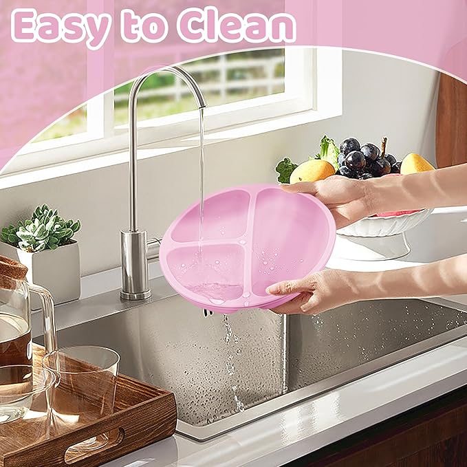 Silicone Baby Feeding Set, Baby Led Weaning Supplies, Eating Essentials Utensils with Suction Plate and Bowl, Pocket Bib, Sippy Cup with Lid, Forks Spoons Snack Container, for 6+ Months, Pink