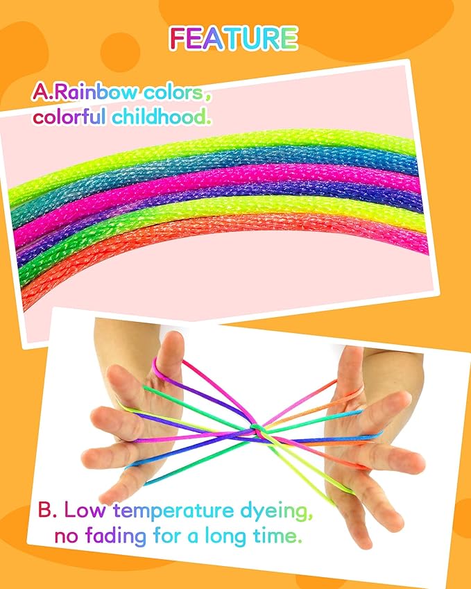 SONGTIY 6PCS Cats Cradle String, 65 Inch Long Rainbow Colourful Finger Rope, Chinese Finger String Games Toy for Kids, Adults, Children's Day, with A Sand Painting