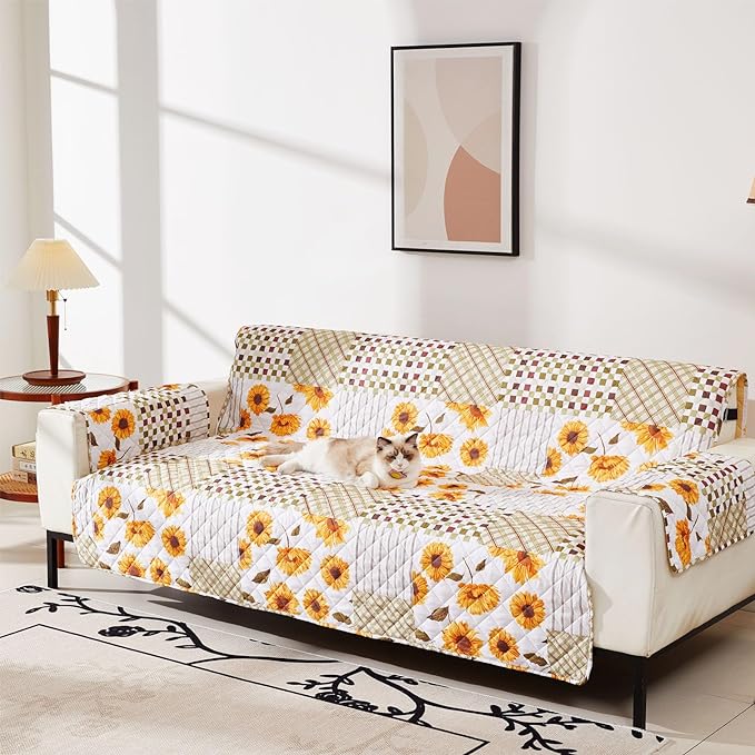 EVENHUG Sofa Cover for 3 Cushion Couch Patchwork Floral Sofa Slipcover Washable 3 seat Couch Cover Furniture Protector Cover with Elastic Straps for Pets Kids Dog Cat (Sofa,Yellow)