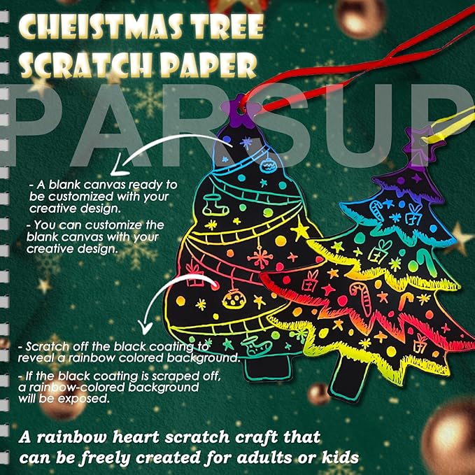 PARSUP 144Pcs Christmas Tree Scratch Paper Rainbow Color Scratch Ornaments Christmas Decorations Hanging Craft Art Kits with Wooden Stick and Ribbon for Kids Christmas Winter Party Favors