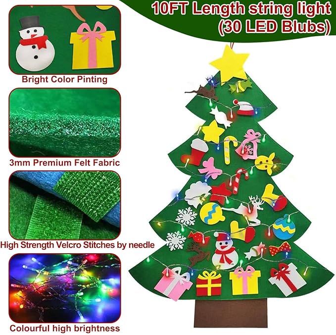 iGeeKid 4 Ft Led Felt Christmas Tree for Toddler Kids DIY Felt Christmas Craft Kits with 30 Ornaments 10ft Multi-Colored String Light Christmas Wall Hanging Decor Xmas Kids Gifts Party Supplies