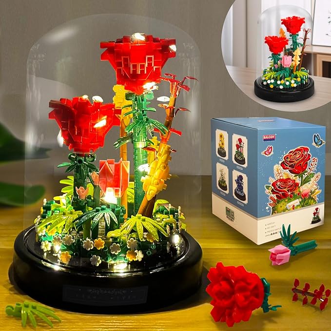 Topdear Flower Bouquets Building Sets with LED String Light and Dust Cover, 593 Pcs Red Rose Bouquet Building Block Gifts for Mothers Day, Valentines Day, Birthday, Anniversary, Christmas