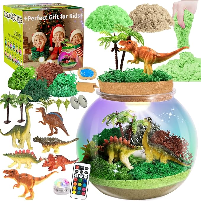 Dinosaur Light-Up Terrarium Kit for Kids- Dinosaur Birthday Gifts for Boys Ages 4 5 6 7 8-12 Year Old- Dinosaur Toys for Boys with Multicolor LED Light & Remote