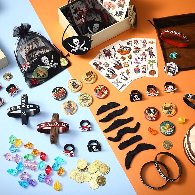 144 Pcs Pirate Party Favors Supplies Include Pirate Bracelet Nautical Tattoo Button Pin Eye Patch Gold Coin Gem Ring Mustache Organza Bag for Kids Boy Pirate Birthday Party Goodie Bag Fillers