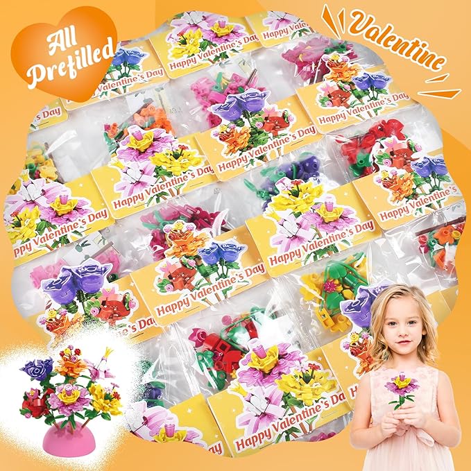 Valentines Day Gifts for Kids - 24 Pack Prefilled Valentine's Day Cards with Flower Building Blocks Crafts for School Classroom Class Party Favor, Valentines Gifts Bulk Exchange for Boys Girls Teens