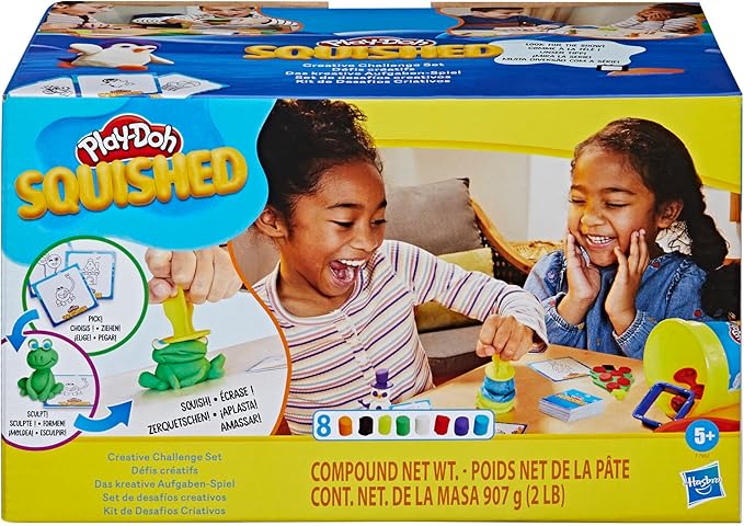 Play-Doh Squished Creative Challenge Set with 4 Activities for Kids 5 Years and Up, 30 Challenge Cards, Mega Can with 8 Modeling Compound Colors