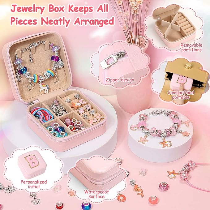 LifeisLuck Charm Jewelry Making Kit, Bracelet Making Kit for Girls, DIY Necklace Kit with Initial Jewelry Box, Unicorns Crafts Girls Toys Age 6-8 8-12 Birthday Valentines Day Gifts for Kids