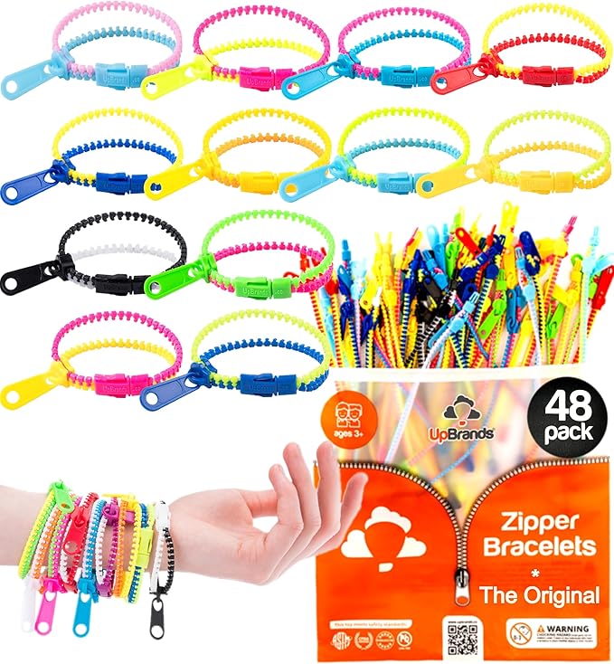 UpBrands 48 Fidget Toys Friendship Zipper Bracelets 7 ½”, Party Favors for Kids, Sensory Bulk Set Neon Colors, Kit for Valentines, Birthday, Goodie Bag, Easter Egg Basket Stuffers, Pinata Fillers