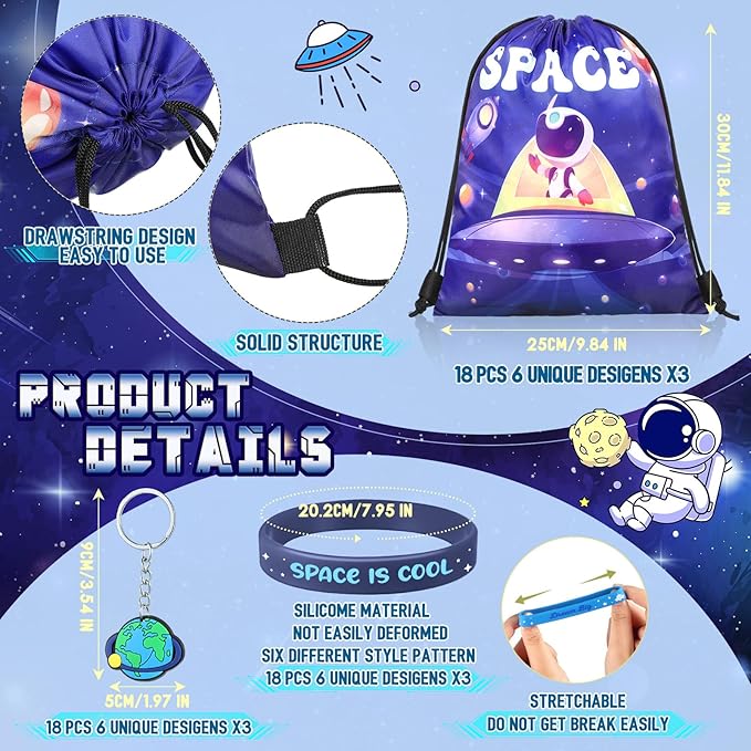 Sadnyy 140 Pcs Space Party Favors Outer Space Party Gift Bulk Galaxy Drawstring Backpack with Silicone Bracelet Straws Keychains Pin Badges Stickers for Christmas Space Party Theme Birthday Supplies