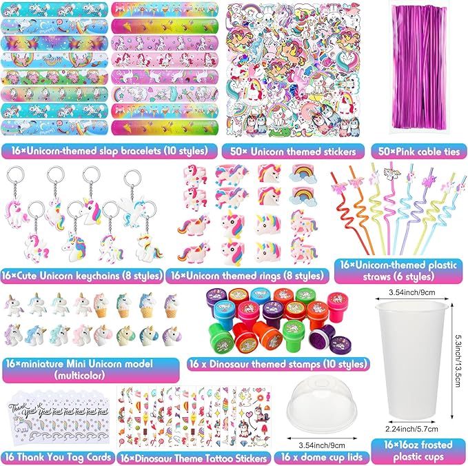 Qilery 195 Pcs Mermaid Party Unicorn Party Dinosaur Party Shark Party Favors Includes Plastic Cup with Lid Straw Keychain Bracelet Ring Stamper Stickers Tag For Party Favors Piñata Filling (Unicorn)